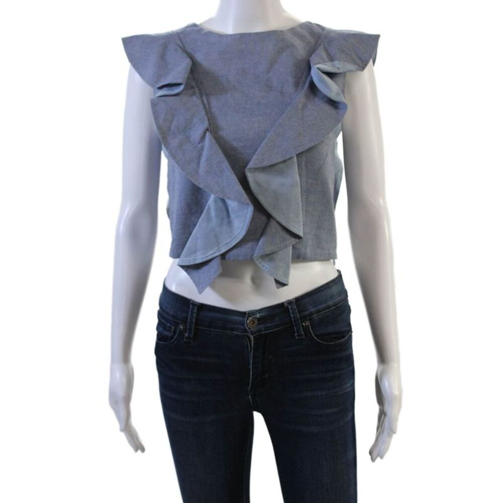 Viva Aviva Womens Cropped Sleeveless Blue Blouse Crewneck Silk Ruffle Size PP